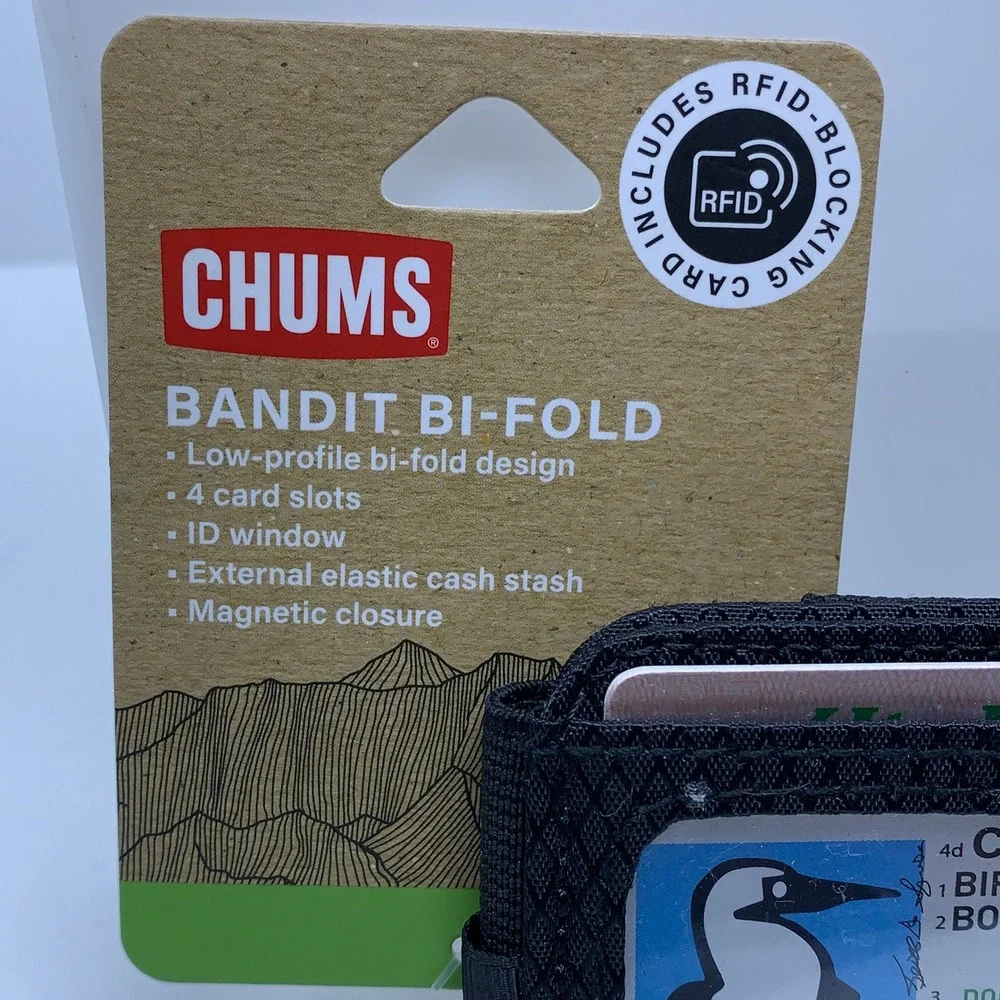 Chums Unisex OS Black Bandit Bi-Fold RFID ID Window Wallet 18808 NWT